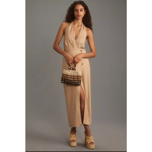 NWT by Anthropologie Linen Halter V-Neck Column Midi Dress $178 SMALL Brown - Picture 4 of 6